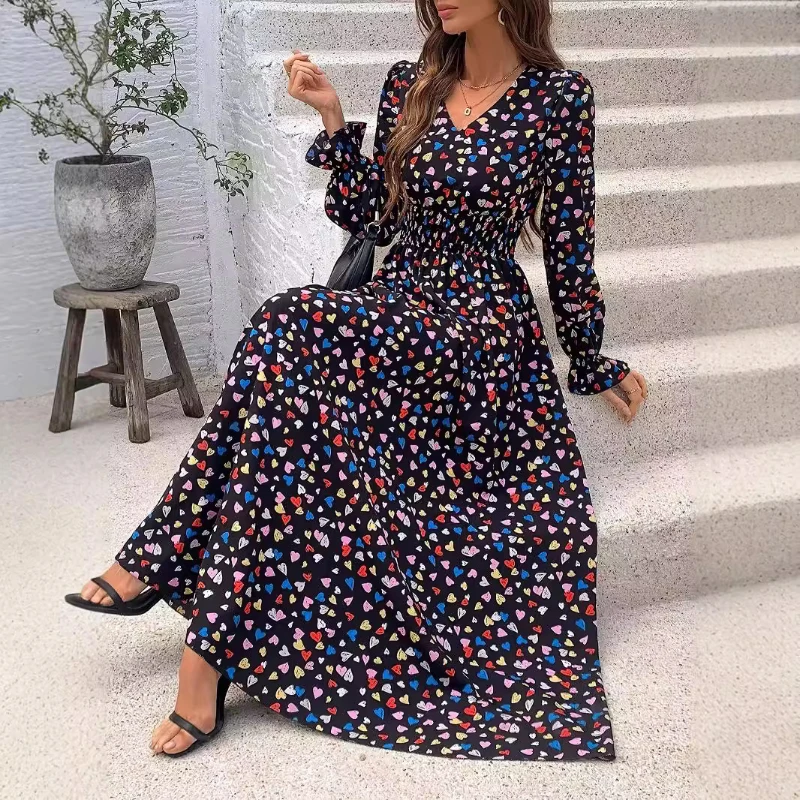 

Women's Printed Fashionable Versatile V-neck Long-sleeved Large-sleeved Dress