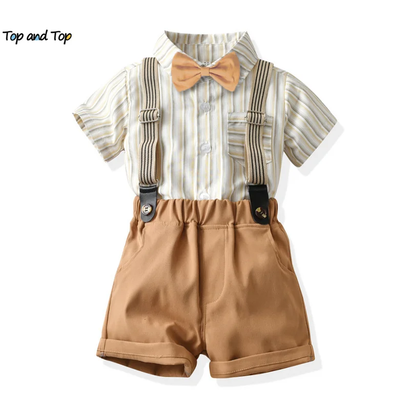 

top and top Summer 2023 Infant Baby Boys Casual Clothing Sets Short Sleeve Gentleman Shirts with Bowtie+Overalls Shorts Outfits