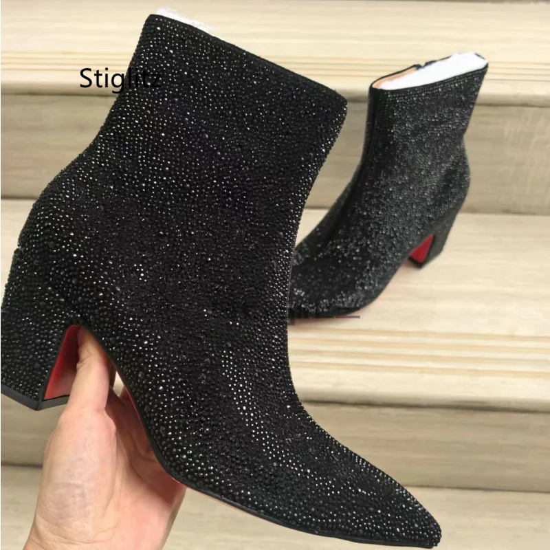 

Full Rhinestone Men's High-Heeled Boots Winter Black Ankle Booties Retro Style High-Top Chelsea Boots Zipper Casual Shoes