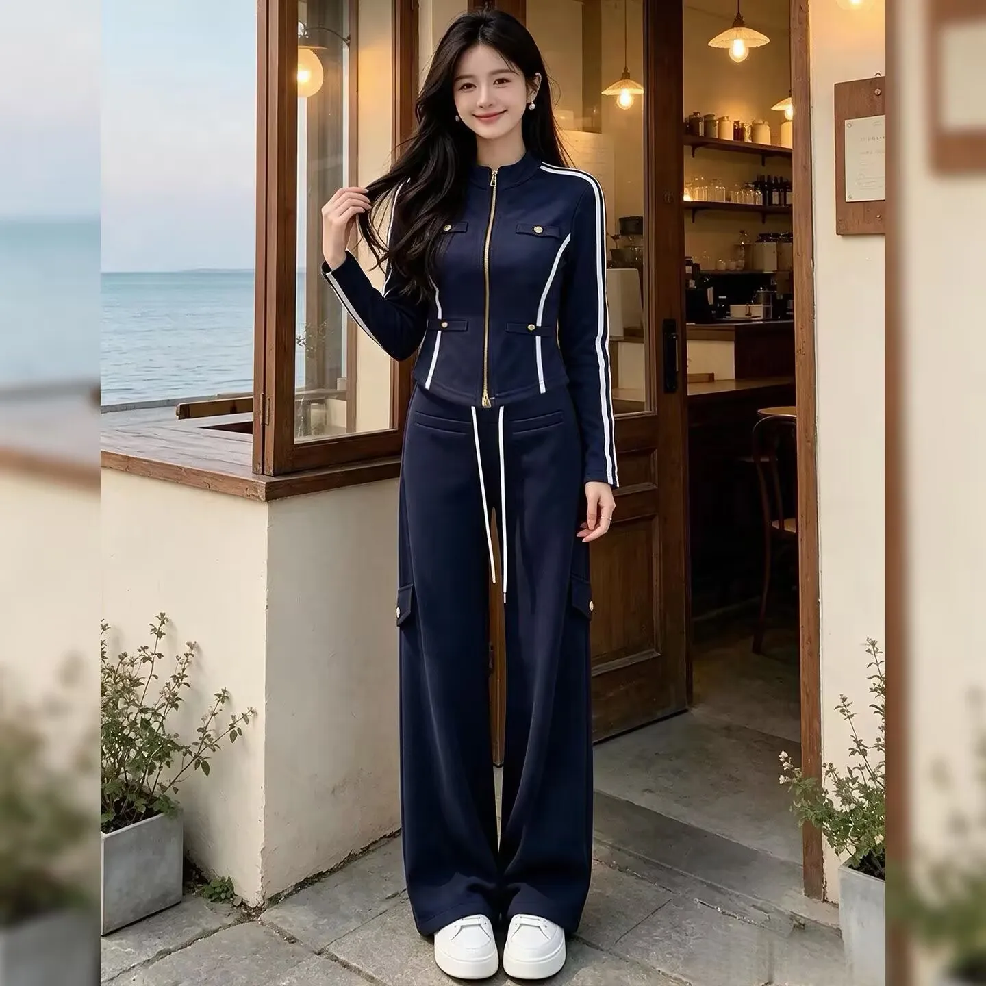 Women's Sportswear Set Cotton Simulation Diagonal Stripe 250g Spring Autumn Slim Fit Collar Top Wide Leg Pants Two Pieces
