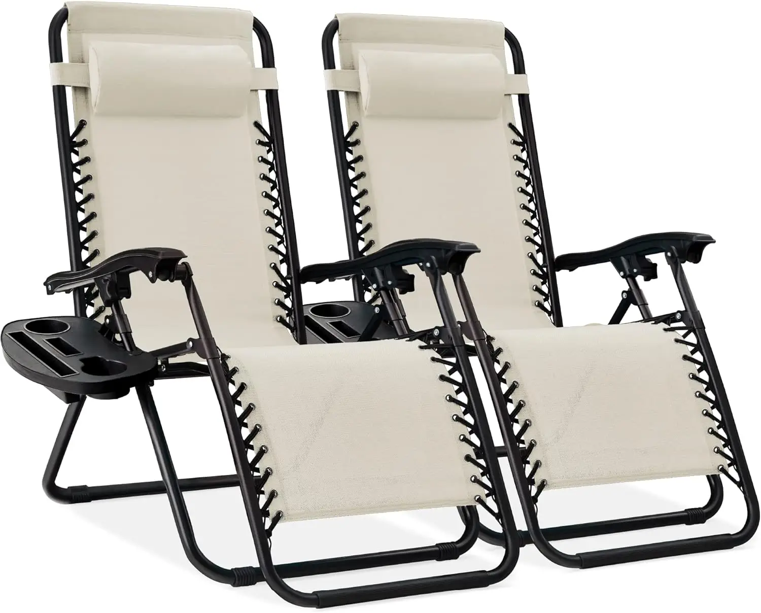 

2 adjustable wire mesh zero gravity recliner chairs with pillow and cup holder tray - ivory color