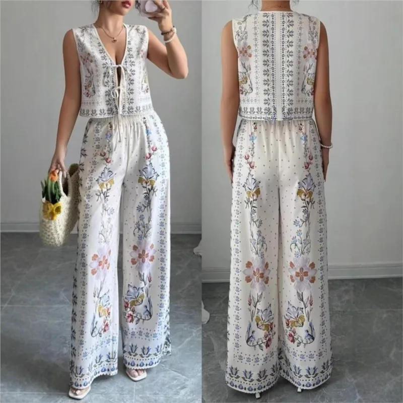 

Summer New Suit Women's Fashion Versatile Vest Wide Leg Trousers 2 Piece Sexy Loose Vest Set Трусы Женские Комплект