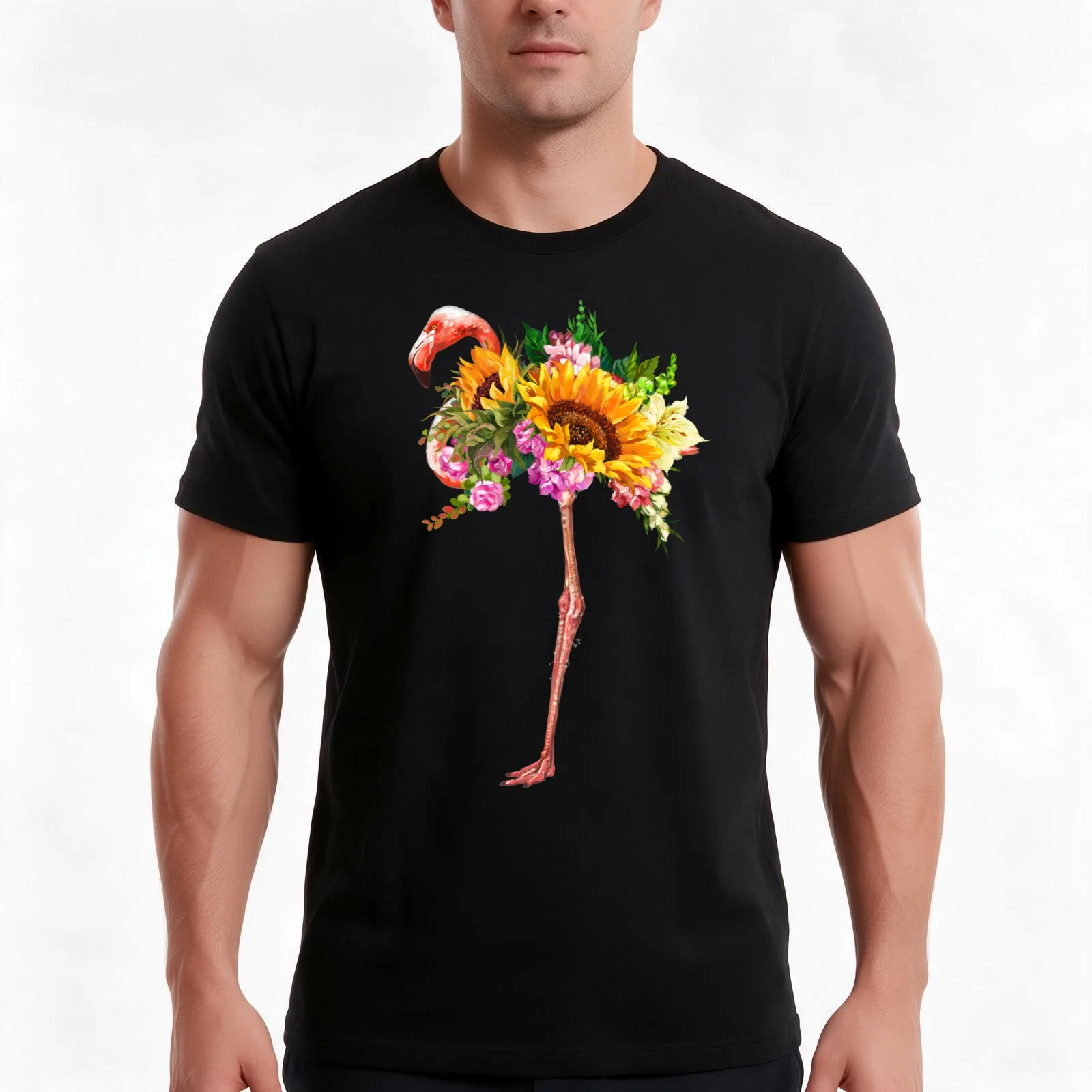 Flamingo with Sunflowers Crown T-Shirt Summer Casual Cotton Tee Oversized Streetwear Tops Vintage Graphic Print 100% Cotton