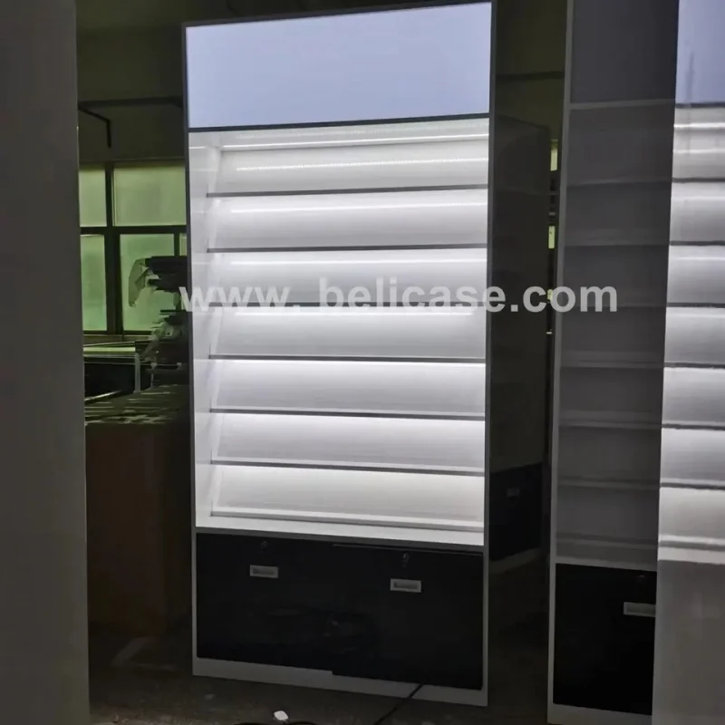 Custom, mobile phone shop interior design phone wall display cabinet fancy style cell phone accessories display showcase