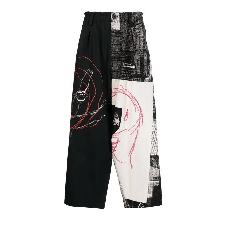 

Linen News Newspaper Elastic Waist Pants Printed Face Graffiti Casual Pants Wide Leg Pants Owens Men'S Pants,Yamamoto-Style