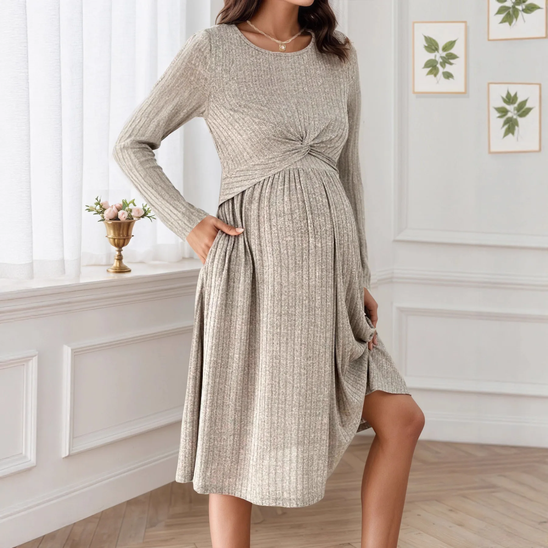 2026 New Maternity Nursing Dress Front Twist Double Layer Design Round Neck Flared Hem Pregnancy Dress Easy Breastfeeding Gown