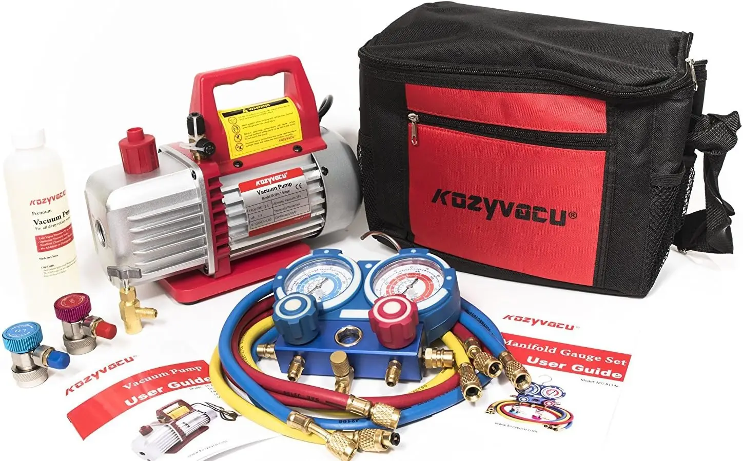 

Complete Auto AC Repair Kit with 3.5 CFM Vacuum Pump, Manifold Gauge Set, and Accessories