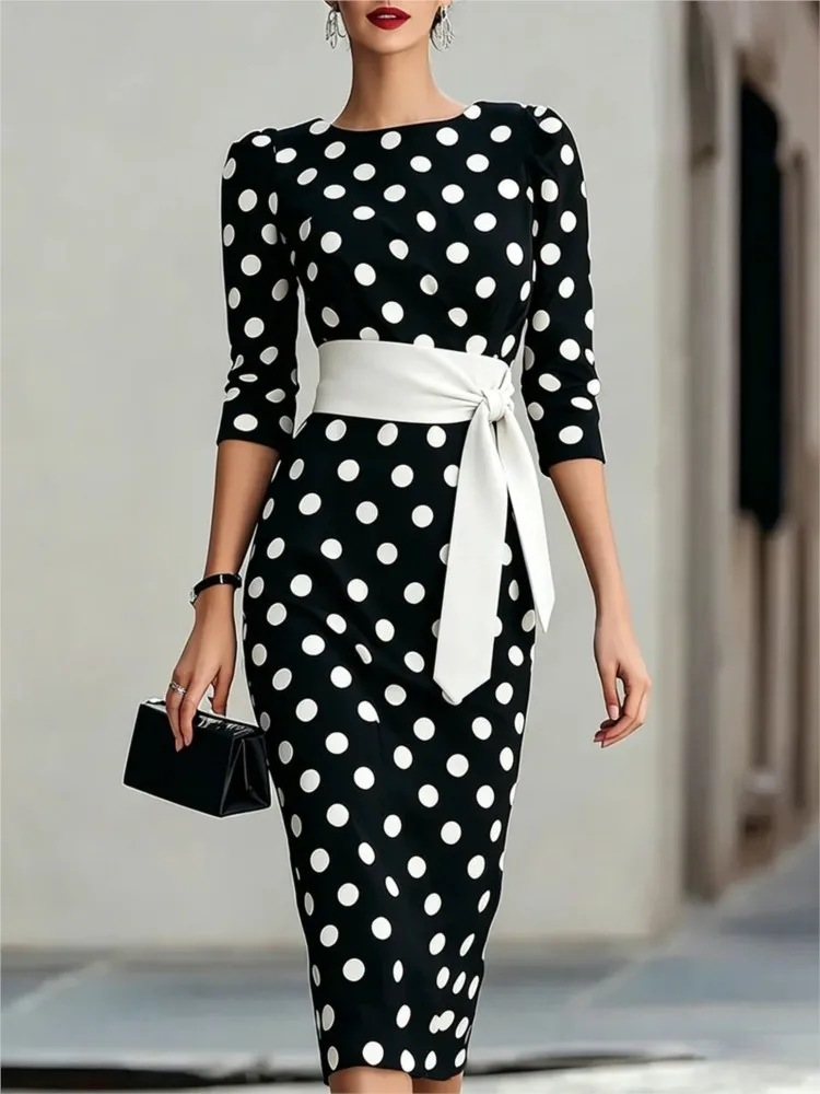 Elegantes Damen Büro-Party Midikleid Modisches Polka-Dot 3/4-Ärmel Bleistiftkleid Frühling Rundhals Mit Gürtel Schlankes Kleid Robe