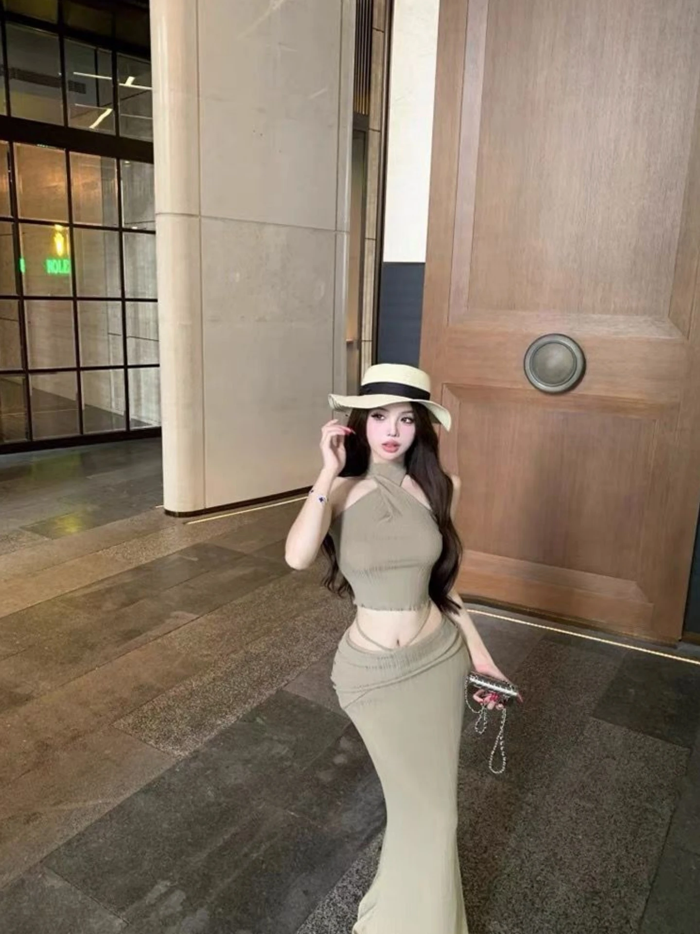 Hot Girl Pure Desire Cross Backless High Waist Women's Two-Piece Set Sleeveless Vest Top And Fish Tail  Skirt