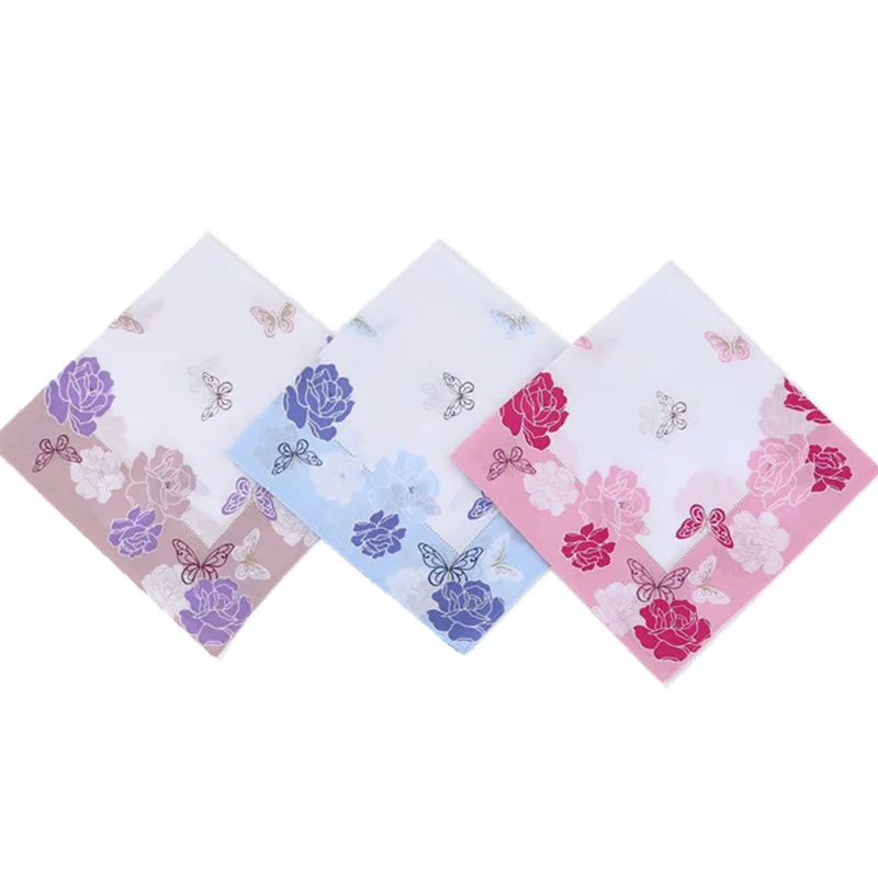 3 Stück 45 x 45 cm quadratisches Baumwoll-Taschentuch mit Schmetterlings- und Rosenblumenmuster für Damen, Damen-Handtuch, Hochzeit, Party, Geschenk, Furoshiki – Detail 5