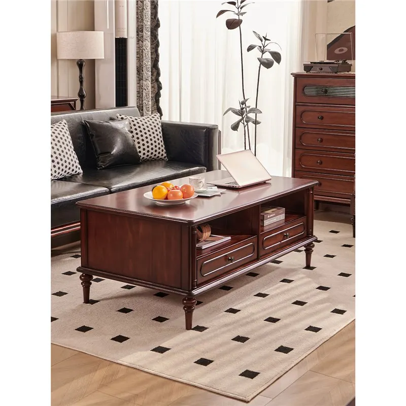 American retro solid wood coffee table combination, antique living room furniture, French rectangular four-draw coffee table