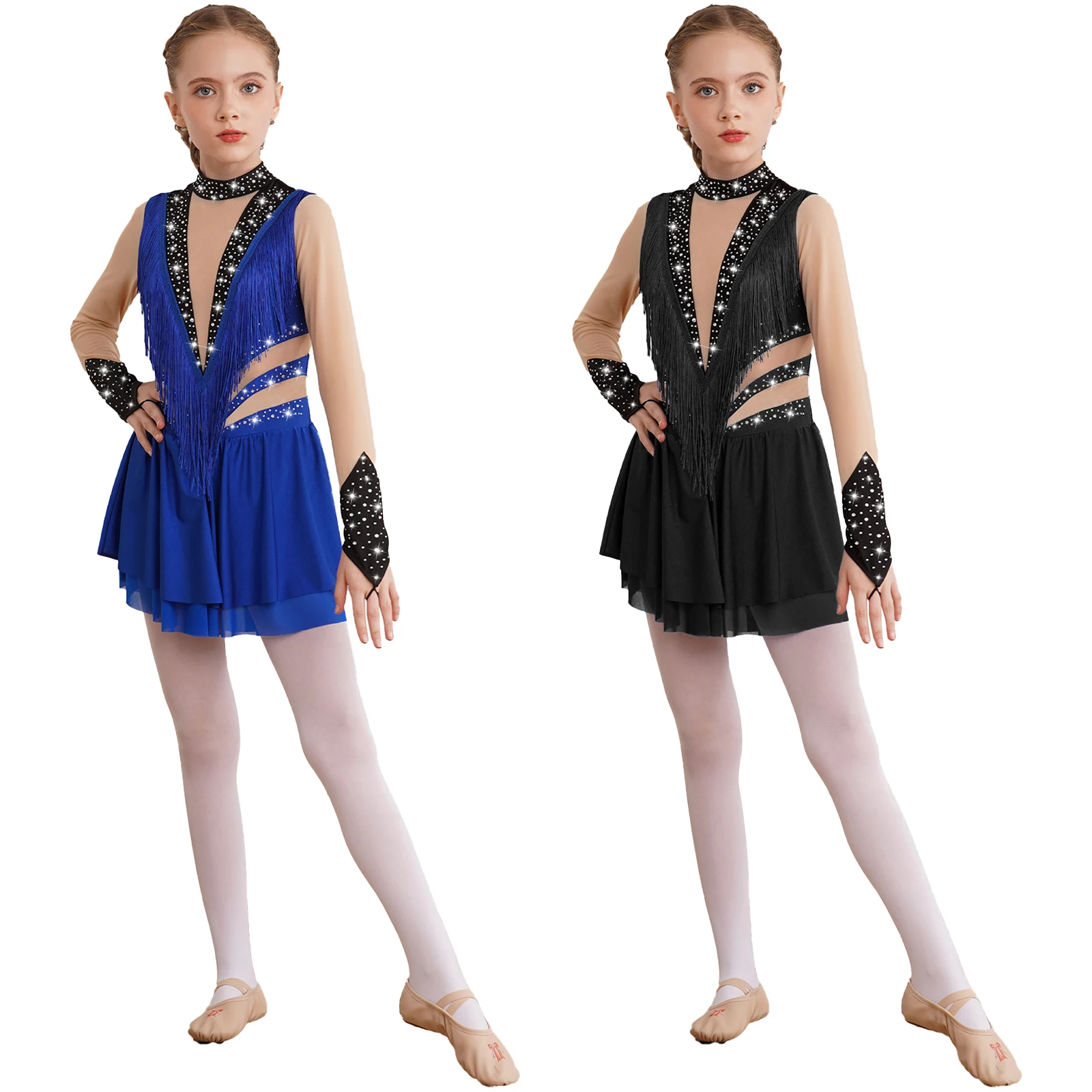 Kids Girls Figure Skating Dress Sparkly Artistic Gymnastics Leotard Rhinestone Mesh Long Sleeve Keyhole Back Lyrical Costumes