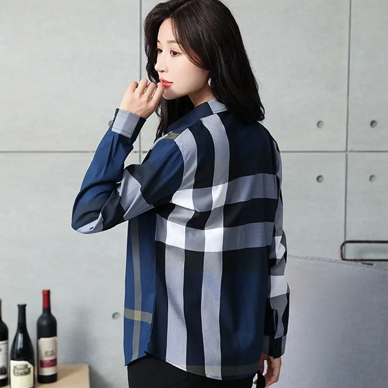 Premium Blue Spring Autumn Checked Shirt Women\'s Long Sleeve Korean New Style Inside And Outside Matching Loose Bottom Shirt