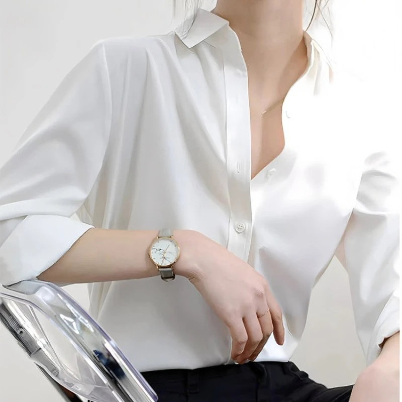 Camicetta da donna elegante bianca con colletto rovesciato primavera autunno nuove camicie da ufficio larghe casual monopetto stile francese femminile