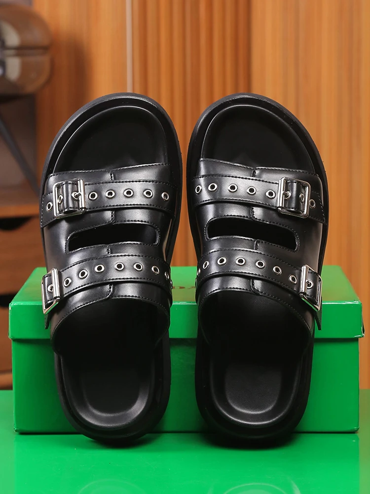 New Fashion Men Slippers Outdoor Beach Shoes Genuine Leather Thick Sole Luxury Shoes 