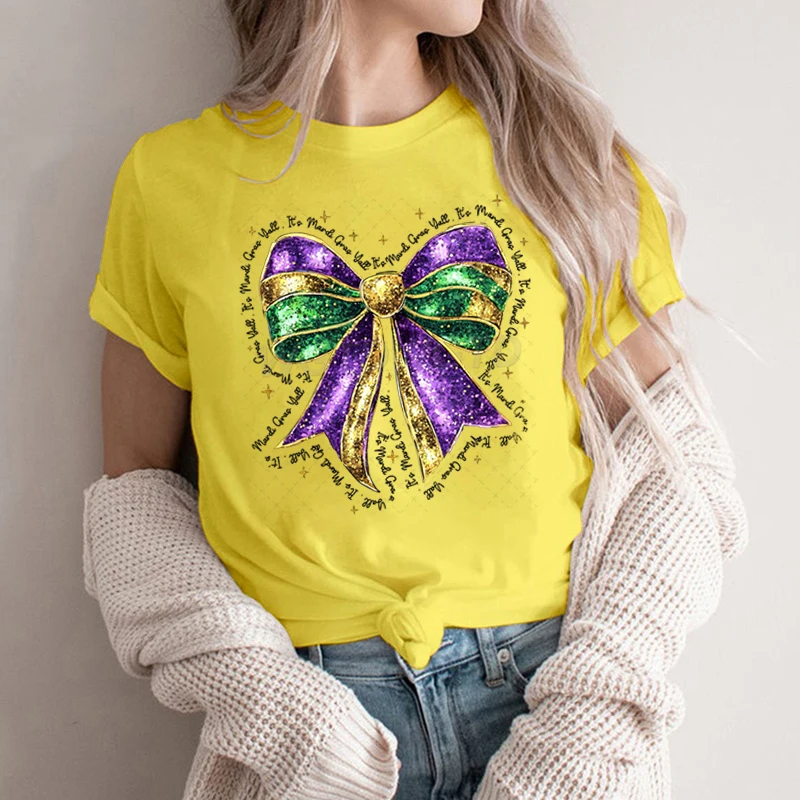 Coquette Bow Mardi Gras Shirt for Women Carnival Glitter Bow Graphic Tee Fat Tuesday Shirt Mardi Gras Party Crew Neck Clothing