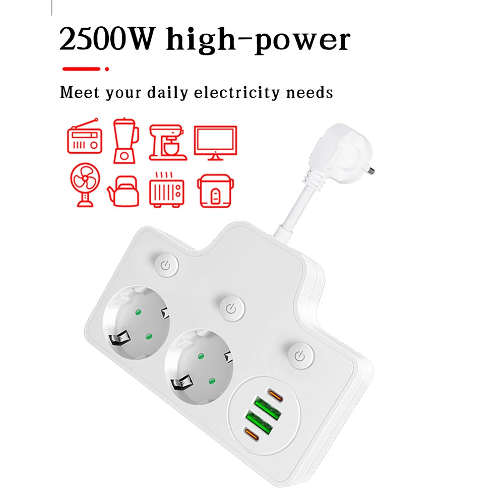 6-in-1 Wall Multi Socket,2 AC Outlets+4 USB Ports,2500W 10A Wall Power Strip with Switch,Wall Outlet Extender for Home Office