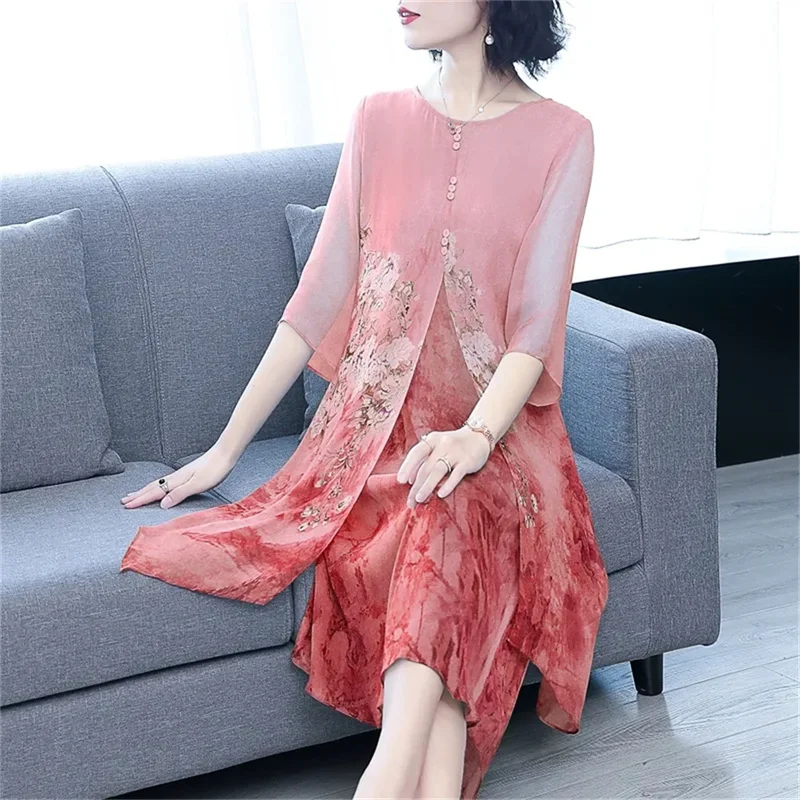 Noble Elegant Mother Spring Dress Women's Summer Dress Middle-aged and Elderly Over Knee Chiffon Skirt O-Neck Silk Dress Print