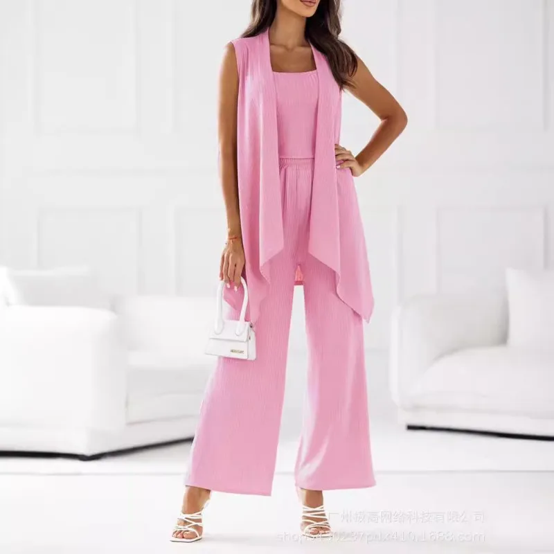 

2024 Spring Summer New Women's Clothing Solid Color Asymmetric Mid-Length Cardigan Camisole Wide-Leg Bell-Bottoms Suit