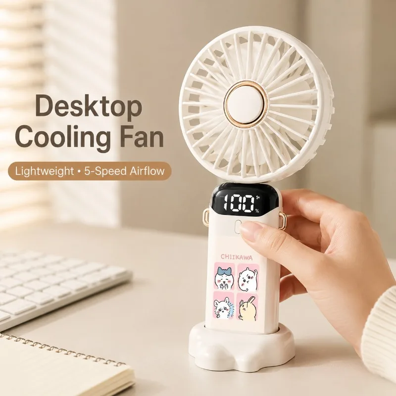 Anime Chiikawa Portable Fan 5-Speed Adjustable Foldable Desktop Fan USB Charging Quiet Lightweight Neck Strap Long Battery Life