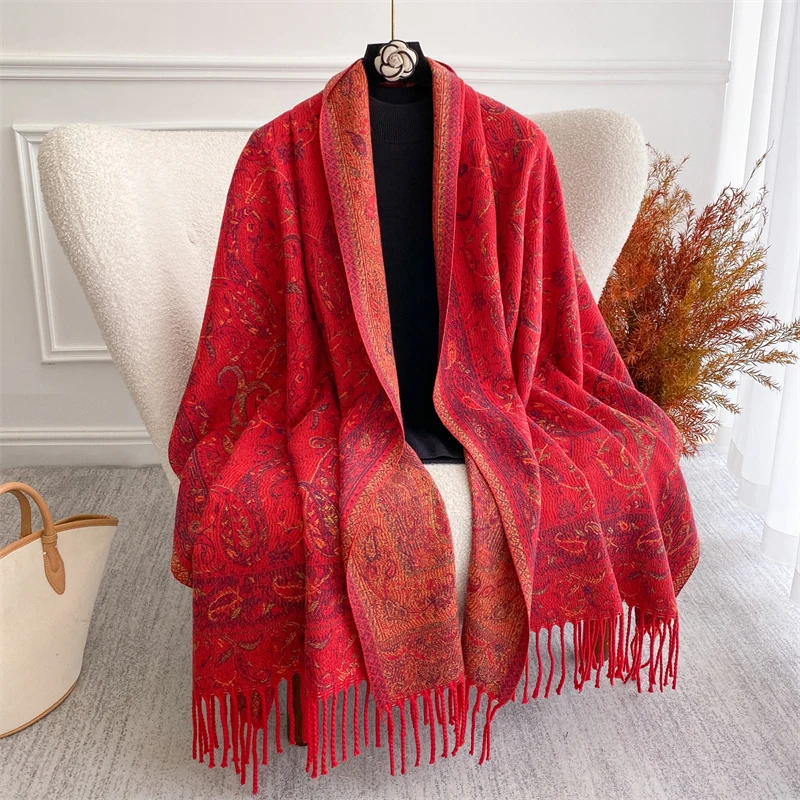 

Bohemian Autumn Cashmere Scarf for Women Jacquard Pashmina Floral Female Thick Blanket Soft Bufanda Warm Shawl Poncho Stole