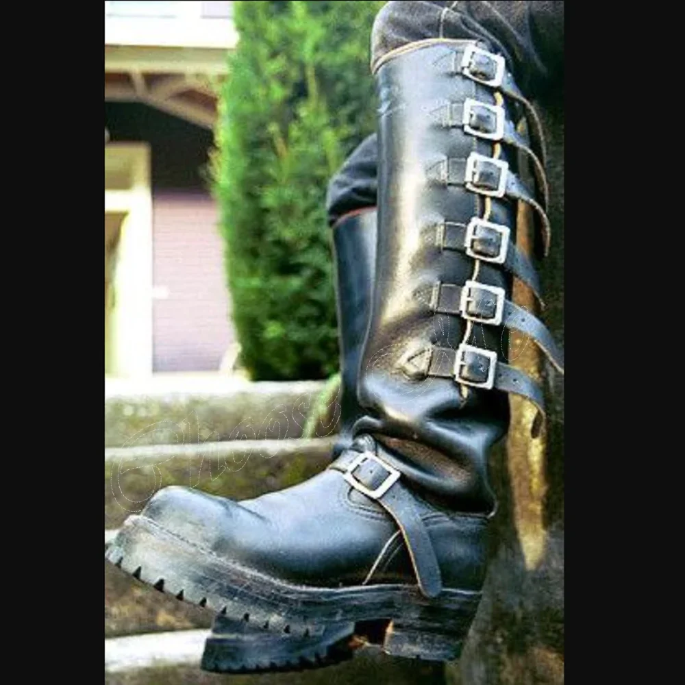 Black Front Cross Tied Knight\'s Boots Men\'s Shoes Long Matte Leather Round Toe Knee High Shoes for Men Zapatos Para Hombres