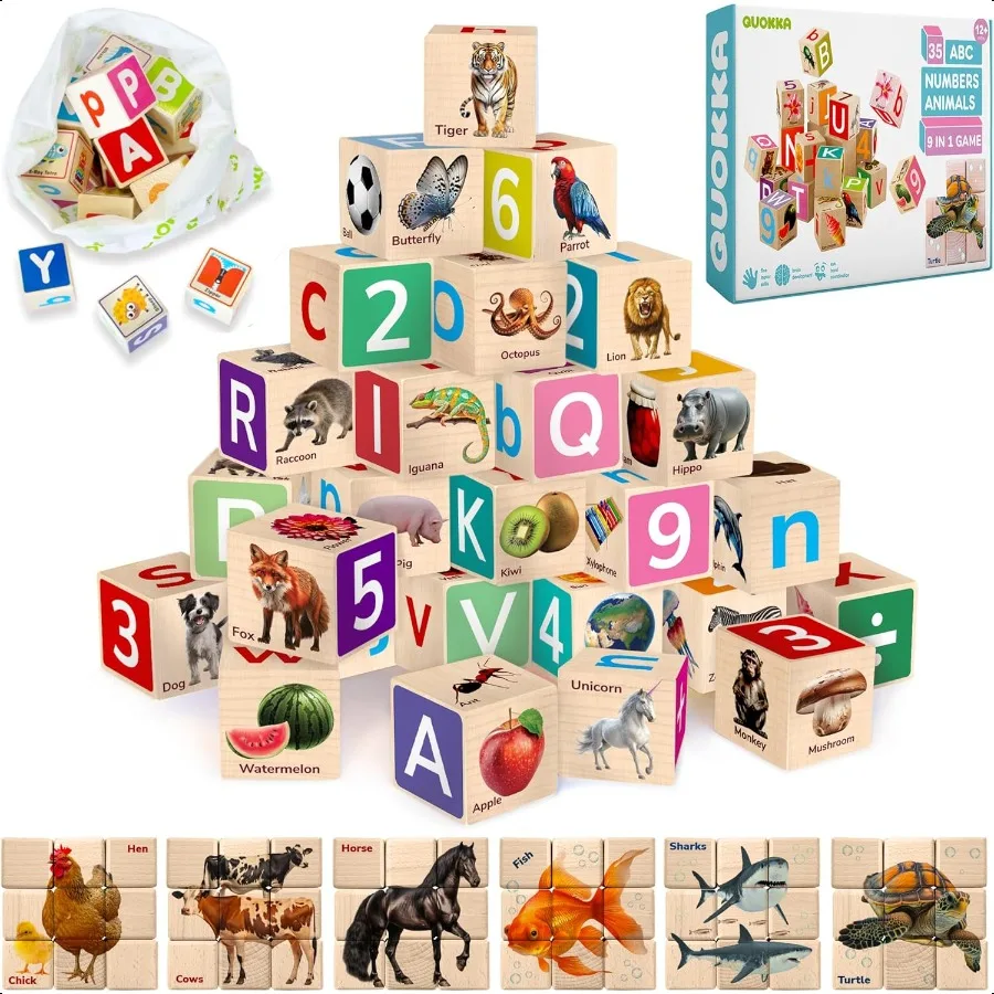 

QUOKKA Montori Wooden Blocks for Toddlers 13 35 Realistic ABC Learning Baby Blocks for 35 Year Olds Stacking Alphabet Wood Toys