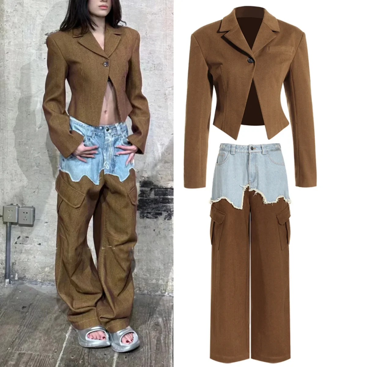 Denim Blue Brown Women Suits Blazer Pants Splicing Colors Fashion Hot Girl Streetwear Casual Short Coat Trousers Prom Dress