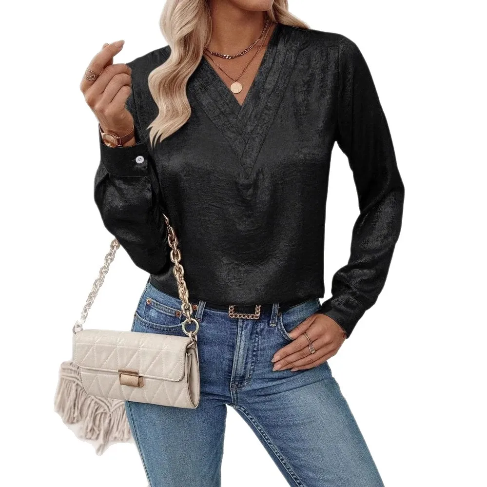 

2025 Spring and Summer New Women's Shirt V-neck Casual Long-sleeved Top