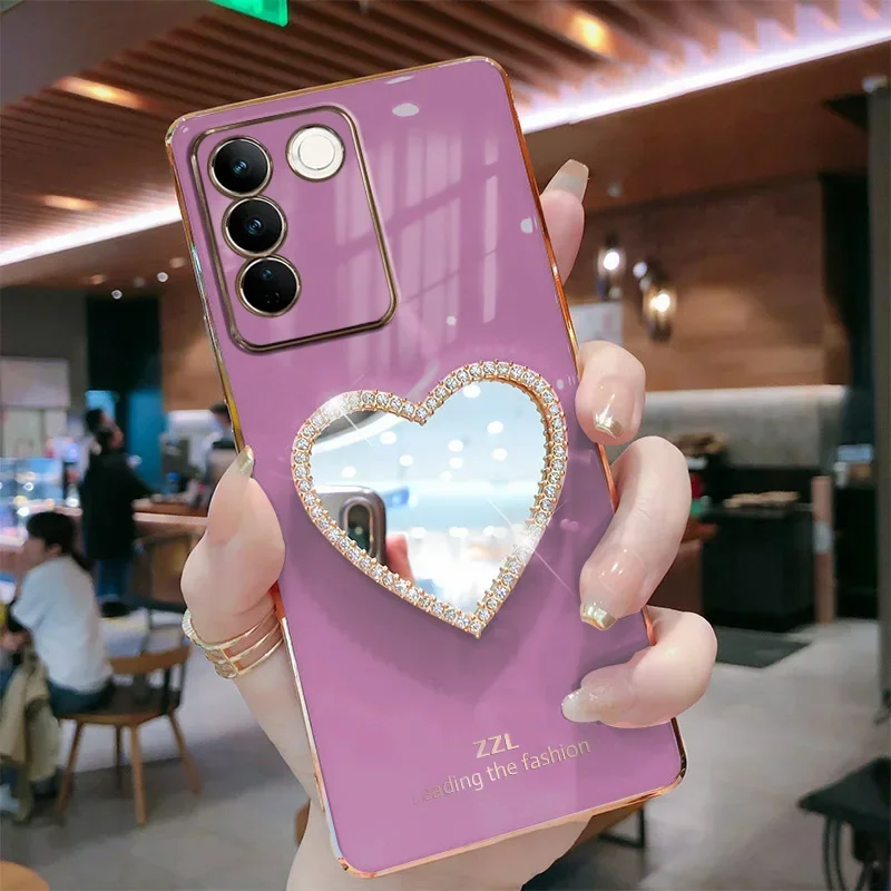 Glitter Heart Mirror Case For Vivo Y55 Y02 V23E V25 V25E V23 V21 V20 V21E Y76 Y76S Y73 Y75 Y72 Y52 Y53S Anti Fall Silicone Cover