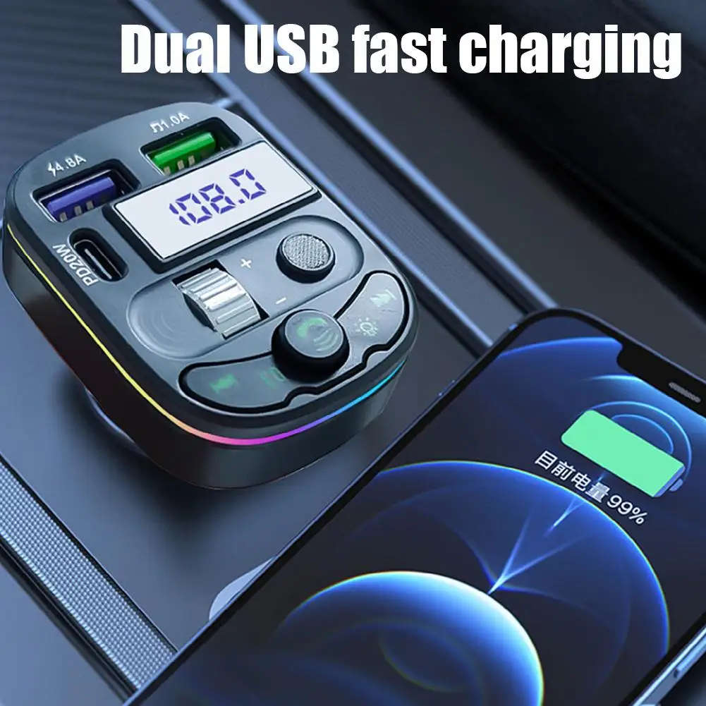 Audio Playback FM Transmission Bluetooth 5.3 Car MP3 Player Charger Adapter PD20W Dual USB Fast Charging RGB Atmosphere Lamp