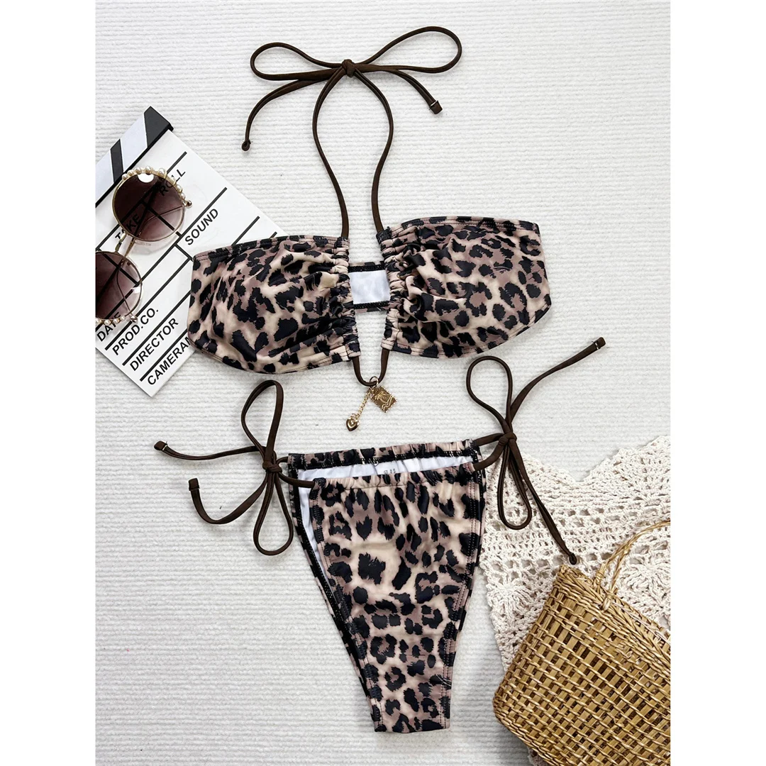 Leopard-Halter-Bikini mit hohem Beinausschnitt und Riemchen, Damen-Badeanzug, zweiteiliges Bikini-Set, Badebekleidung, Badeanzug, Schwimmbekleidung V6484 – Detail 12