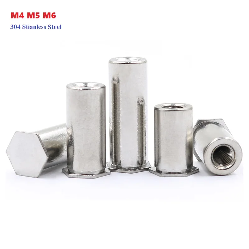 304 Stianless Steel  Hexagon Head Blind Hole Pressure Riveting Column M4 M5 M6 Ressure Riveting Stud Screw Nut