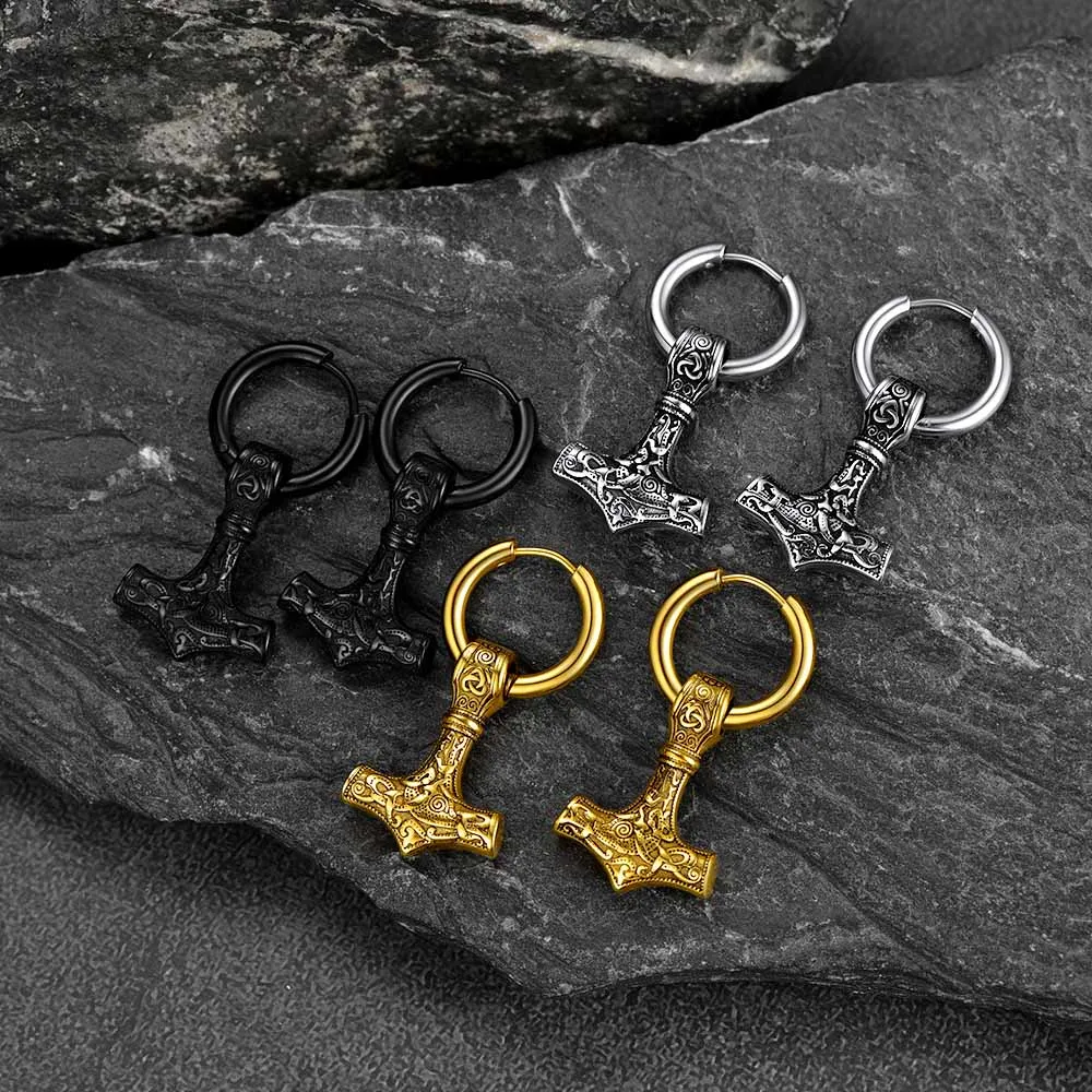 U7 Unisex Viking Mjolnir Earrings for Man Woman Stainless Steel Norse Mythology Hammer Amulet Drops Earring Jewelry Gift