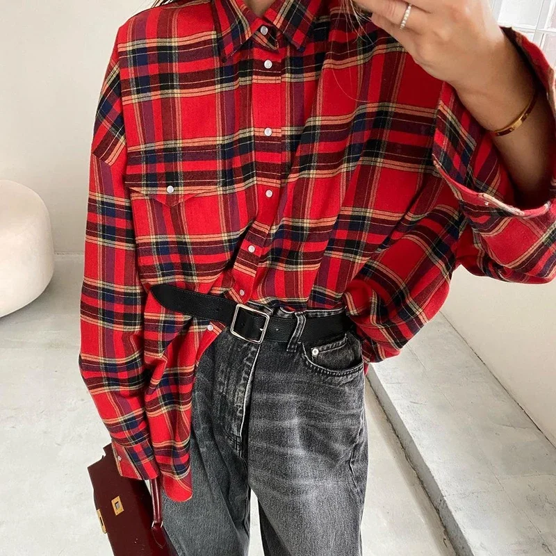 Casual Red Plaid Printed Women's Shirt Fashion Long Sleeve Single Breasted Blouses 2025 New Lapel Female Shirt Outwear