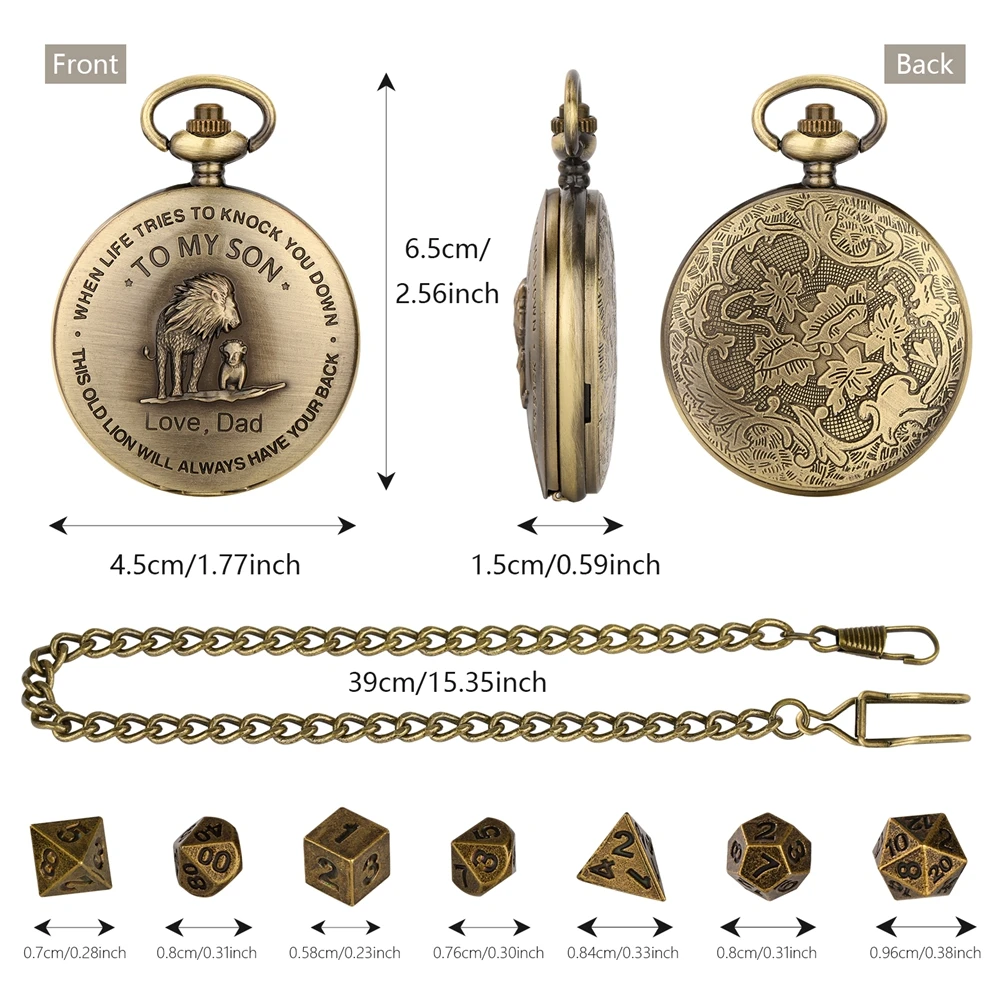 Antique Lion To My Son Bronze Pocket Watch Case with 7PCS Metal Polyhedral Dice with 38cm Pocket Hook Waist Chain Gifts for Men