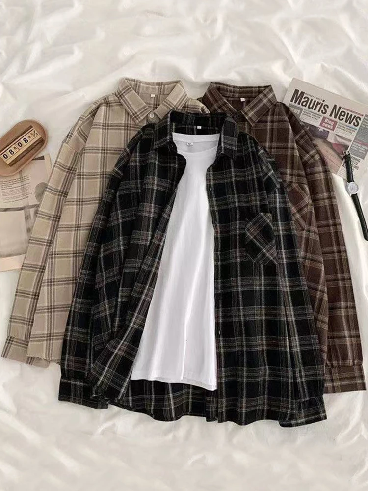 JMPRS Vintage Women Plaid Shirts Autumn Long Sleeve Oversize Button Up Tops Korean Loose Casual Fall Outwear Femme Shirts