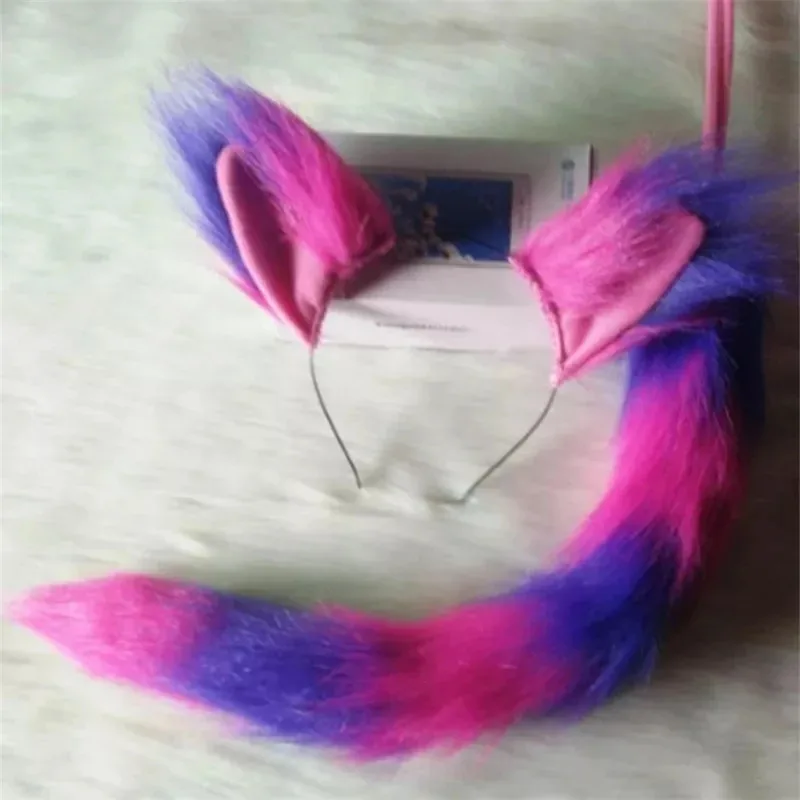 HAni 2025 The Cheshire And Pink Purple Plush Tail Cat Ears Dress Halloween Christmas Cosplay Costume Props ☆★ww