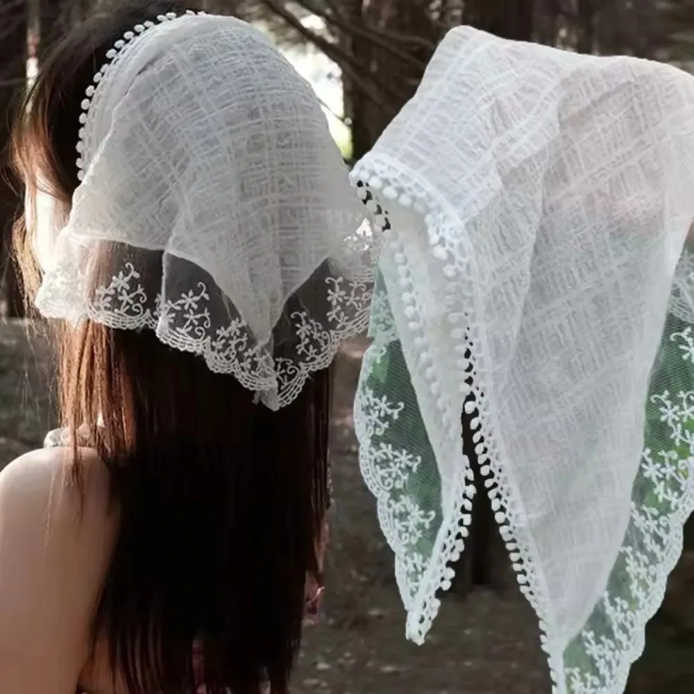 Country Style Lace Mesh Triangle Scarf Spring Summer Floral Hair Scarf Elegant Headwrap Bohemian Hair Accessories
