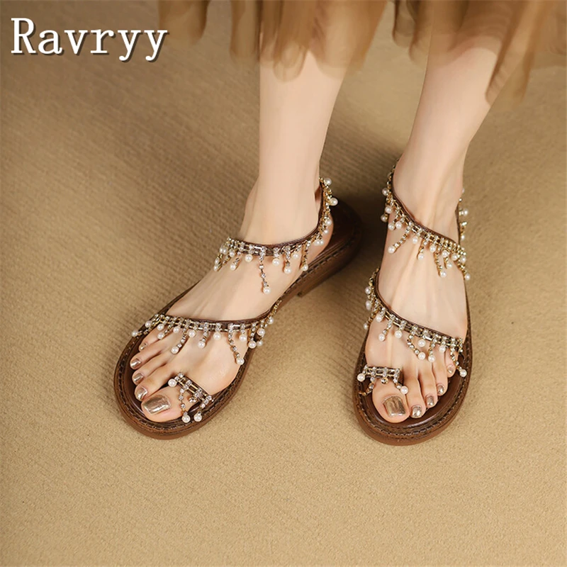 Summer Fairy Pearl Tassel Flat Sandals Women Thimble Toe Rhinestones Roman Shoes New Design Girl Dress Wedding Shoes