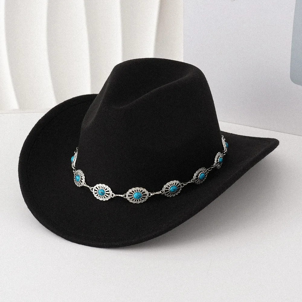 Turquoise Cowboy Hat Wide Curved Brim Metal Chain Decor Western Cowgirl Hat High Crown Unisex Wide Brim Hat
