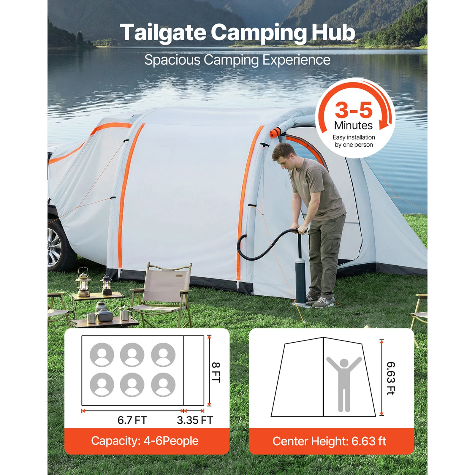 VEVOR Inflatable SUV Tent with Awning 3-Season SUV Tailgate Tent w/Ventilated Doors & Mesh Window for Outdoor Camping