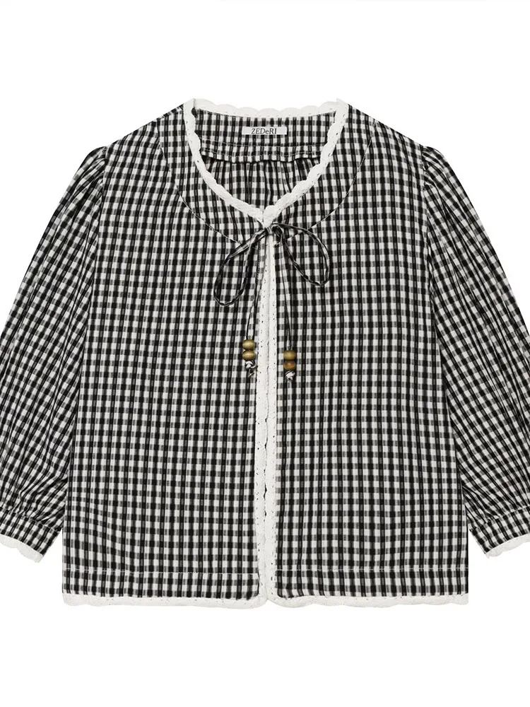 

HH Women Summer New Arrival Trendy Black White Plaid Cropped Jacket Spring Contrast Elbow Sleeve Bow Tie Lightweight Outerwear