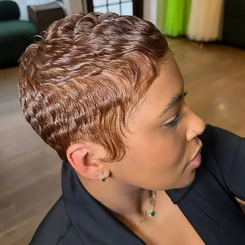 여성용 인모 픽시컷 가발 4가지 색상 짧은 스트레이트 레이어드 앞머리 있는 기계식 가발