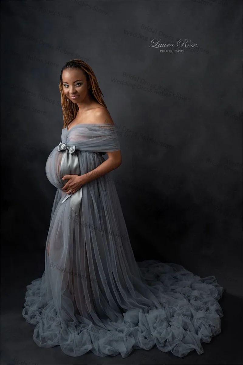 Grey Women Maternity Dress for Photo Shoot Bridal Robe With Bow Wedding Pregnant Tulle Skirt Prom Gown Customized