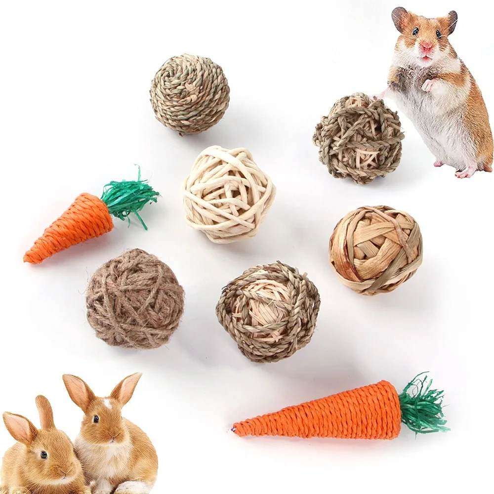 Natürliches Kauspielzeug für kleine Haustiere für Kaninchen, Meerschweinchen, Hamster, Grasbälle, hängendes Holzspielzeug, Linderung von Zähneknirschen und Langeweile – Detail 11