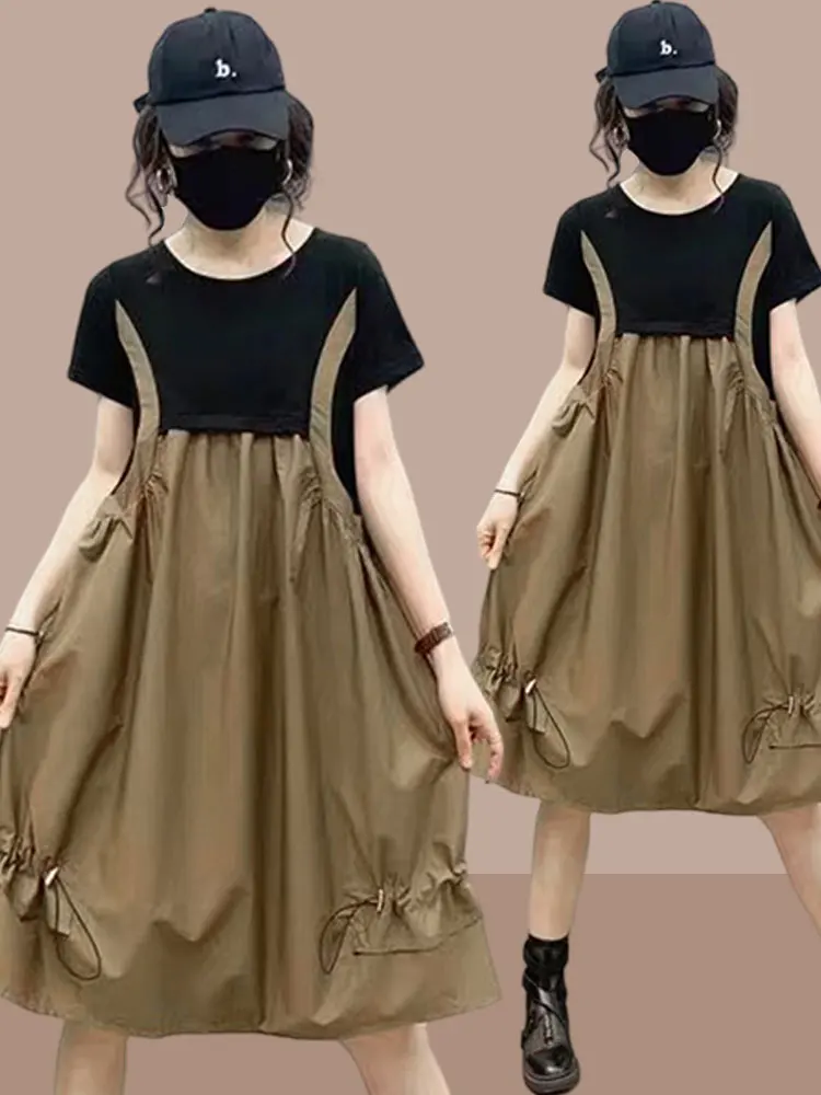 Vestido de verano de talla grande para mujer, sin tirantes, que disimula la barriga, falda midi favorecedora, elegante vestido de moda con cuello redondo y manga corta
