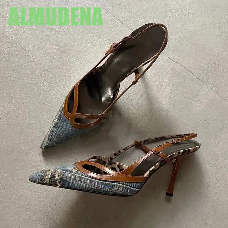 

Cowboy Blue Cloth Toe Cap Sandals Women's Summer New Style, Pointed Thin Heel, Empty Back Buckle with Sexy High-Heeled Shoes