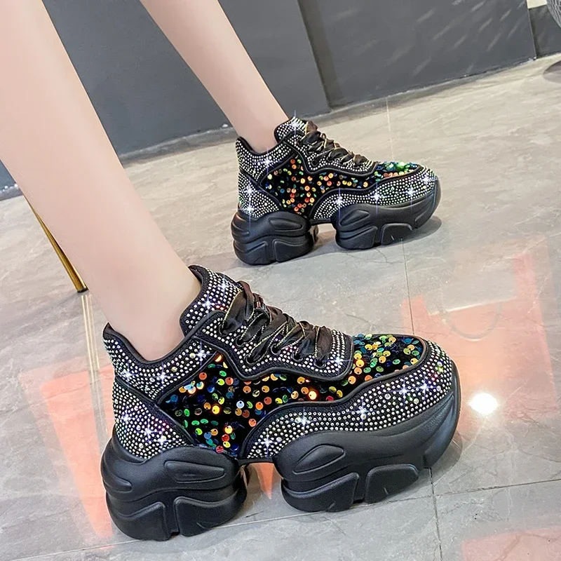 Fashion Shiny Ladies Platform Shoes Sneakers Women Trend 2023 New Spring Platform Lace Up Rhinestone Women Casual Shoes