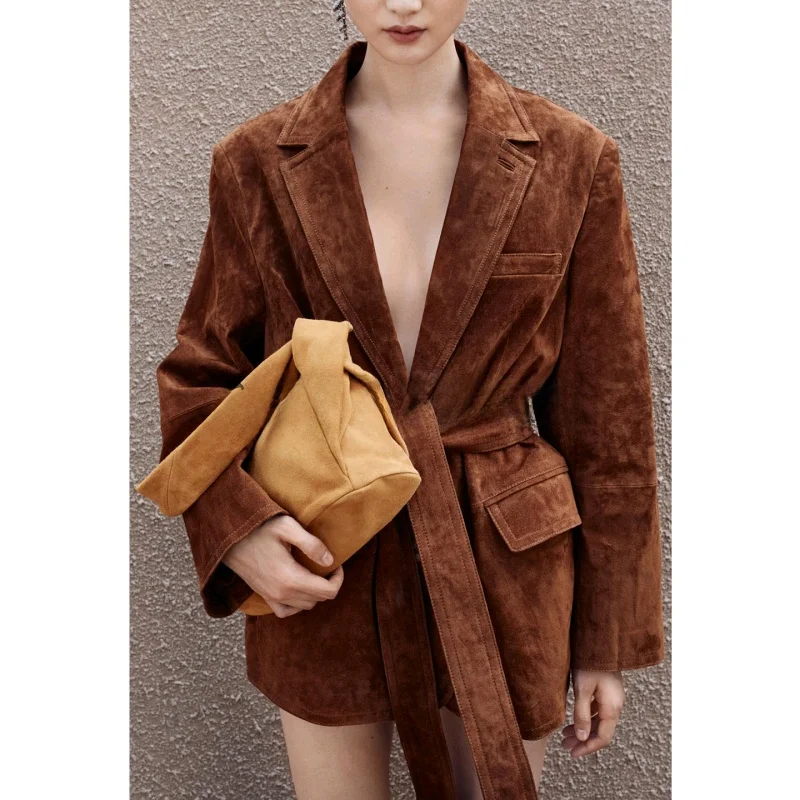 Nieuwe herfst damespak Jaet met oulderpads Lange Sve Turn-down kraag Kunstsuède Casual Sle Normale lengte